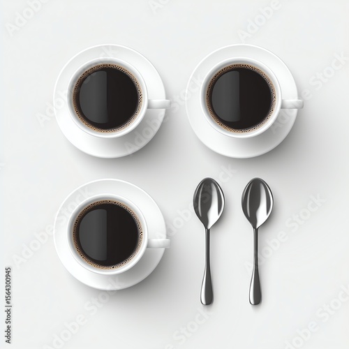 3D Isolated White Coffee Cups with Spoon - Top and Side View Minimalist Composition