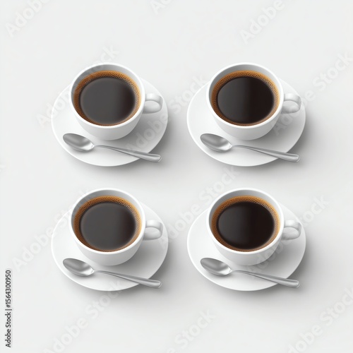 3D Isolated White Coffee Cups with Spoon - Top and Side View Minimalist Composition