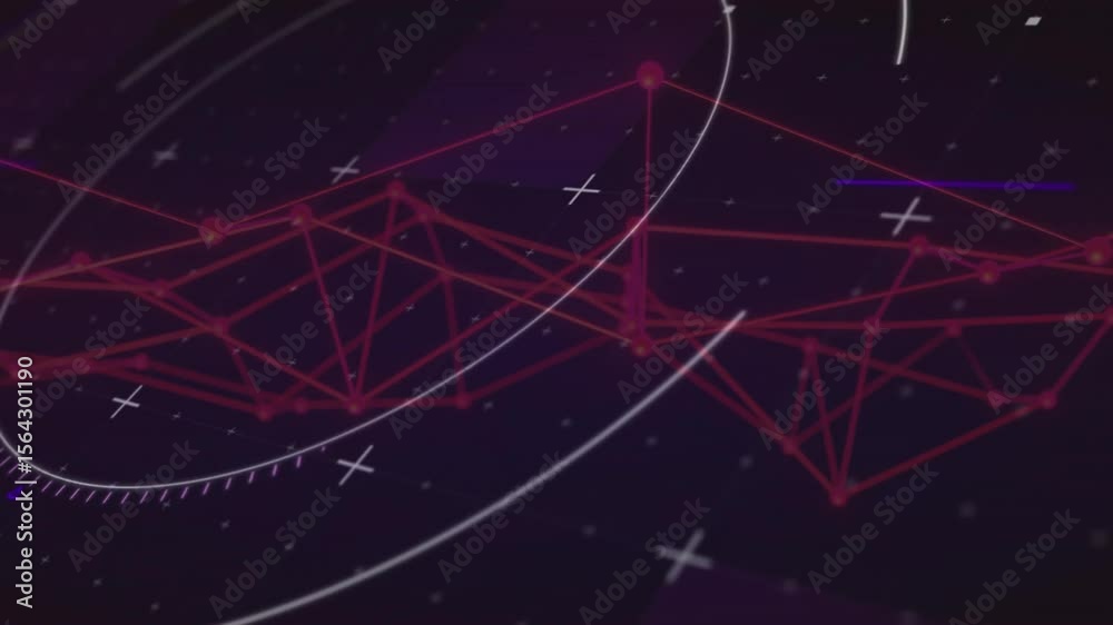 Red network shape appearing at center pulsating and rotating arcs visualizing data flow