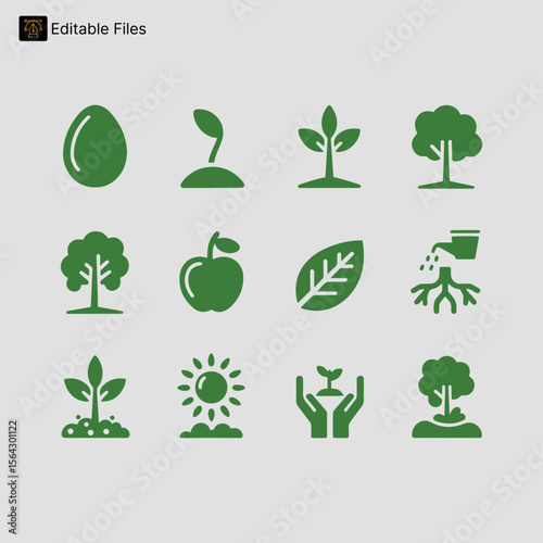 Plant Growth and Life Cycle Icons: Seed, Germination, Flowering, and Fruit Stages