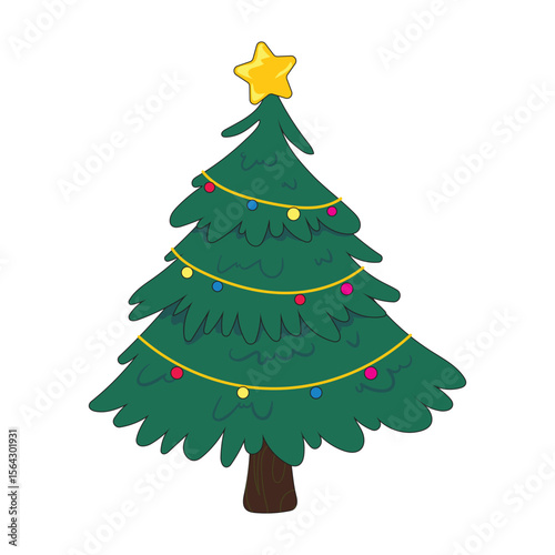 Cute Christmas tree vector illustration with yellow star on top, colorful lights, and festive decorations. Great for Christmas cards, invitations, winter crafts, seasonal graphics, and joyful holiday 