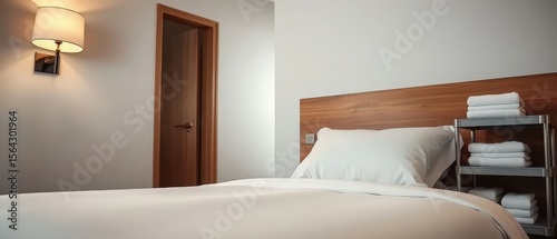 Interior of a hotel room, a bed with white linens and a pillow