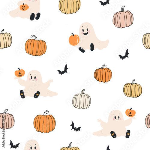Seamless Halloween pattern with ghost, skull, pumpkin and bats.