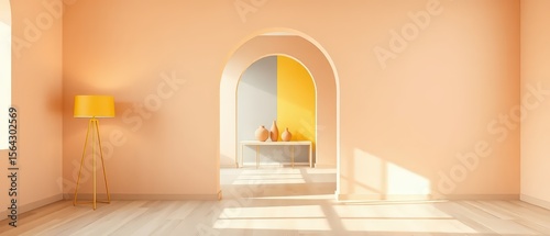 Interior of a minimalist living room with peach walls and light wood flooring