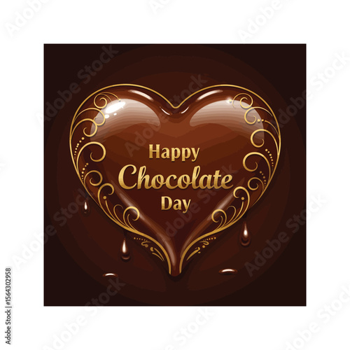 Happy Chocolate Day Delicious Melted Chocolate Heart with Golden Design