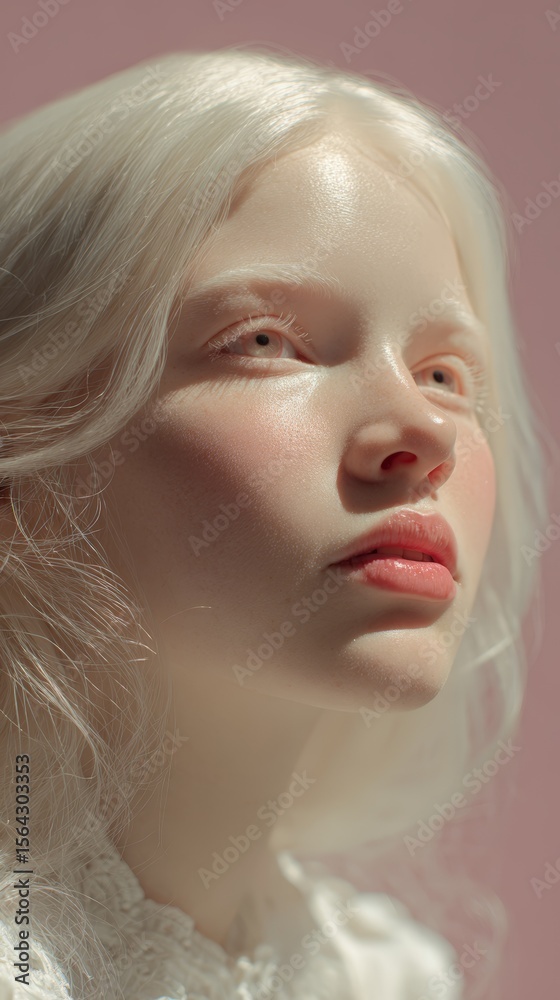 Naklejka premium Portrait of young caucasian female with pale features against pink background
