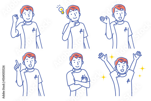 笑顔でポーズする若い男性看護師のセットイラスト