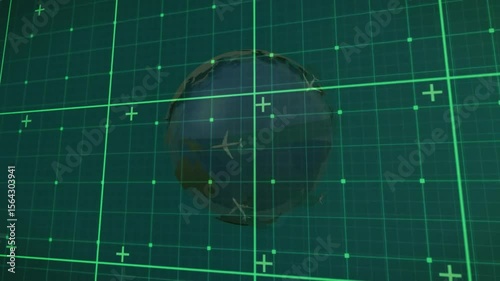 Grid activating triggers 3D globe rotating while plane icons flying tracking flights then fading
