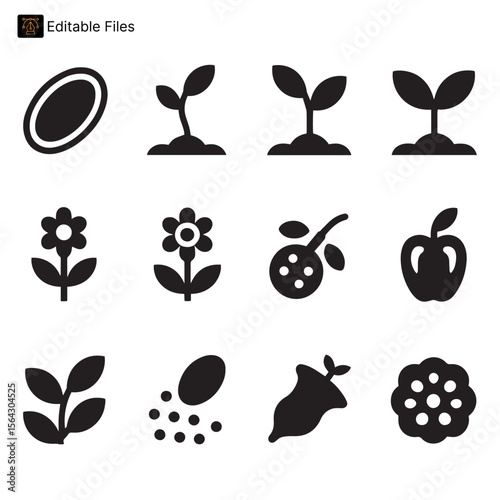 Plant Growth and Life Cycle Icons: Seed, Germination, Flowering, and Fruit Stages