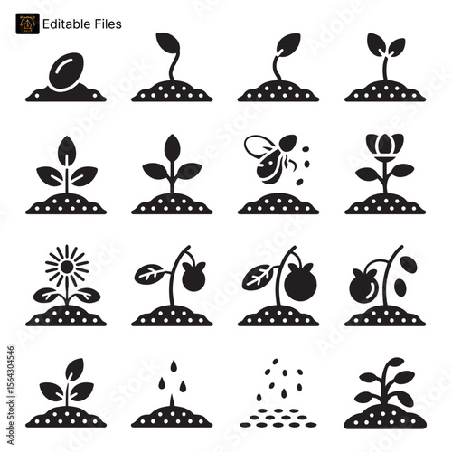 Plant Growth and Life Cycle Icons: Seed, Germination, Flowering, and Fruit Stages