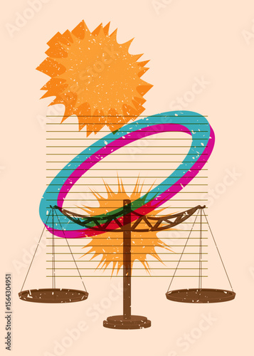 Risograph Scale with geometric shapes. Objects in trendy riso graph print texture style design with geometry elements.