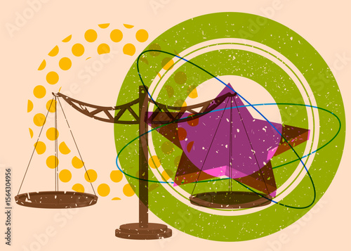 Risograph Scale with geometric shapes. Objects in trendy riso graph print texture style design with geometry elements.