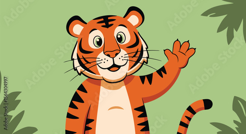 Cute Tiger Waving Vector Illustration with Jungle Leaves Background