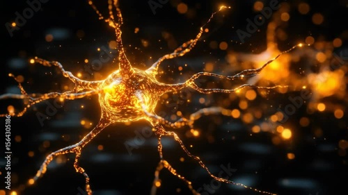 Glowing neuron with dendritic extensions on dark background