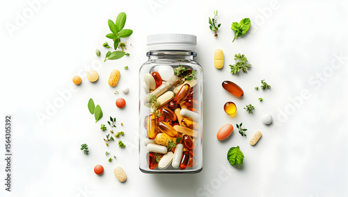 Supplement bottle with pills and herbs