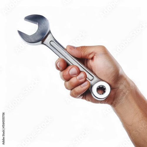 A hand holding a wrench against a transparent background