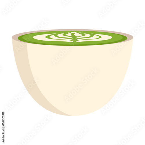 Matcha drink illustration. Round cups of matcha coffee or tea with milk botanical art, whipped cream. Vector illustration.