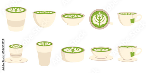 Set of matcha drink illustration. Round cups of matcha coffee or tea with milk botanical art, whipped cream. Vector illustration.