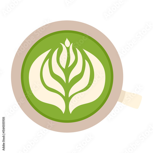 Matcha drink illustration. Round cups of matcha coffee or tea with milk botanical art, whipped cream. Vector illustration.