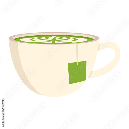 Matcha drink illustration. Round cups of matcha coffee or tea with milk botanical art, whipped cream. Vector illustration.
