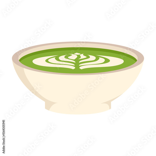 Matcha drink illustration. Round cups of matcha coffee or tea with milk botanical art, whipped cream. Vector illustration.