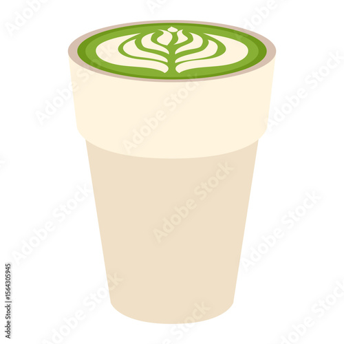 Matcha drink illustration. Round cups of matcha coffee or tea with milk botanical art, whipped cream. Vector illustration.