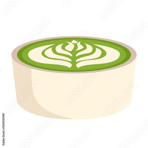 Matcha drink illustration. Round cups of matcha coffee or tea with milk botanical art, whipped cream. Vector illustration.