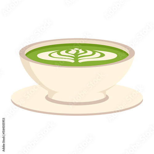 Matcha drink illustration. Round cups of matcha coffee or tea with milk botanical art, whipped cream. Vector illustration.