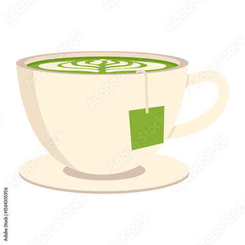 Matcha drink illustration. Round cups of matcha coffee or tea with milk botanical art, whipped cream. Vector illustration.