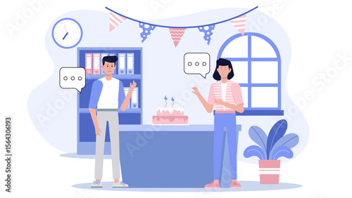 Two colleagues enjoying cake and conversation in office setting, suitable for celebratory themes, office culture, teamwork, and corporate events.