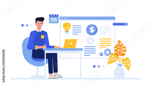 Man works at desk reviewing financial data on computer screen. Suitable for finance, accounting, business presentations, or website graphics.