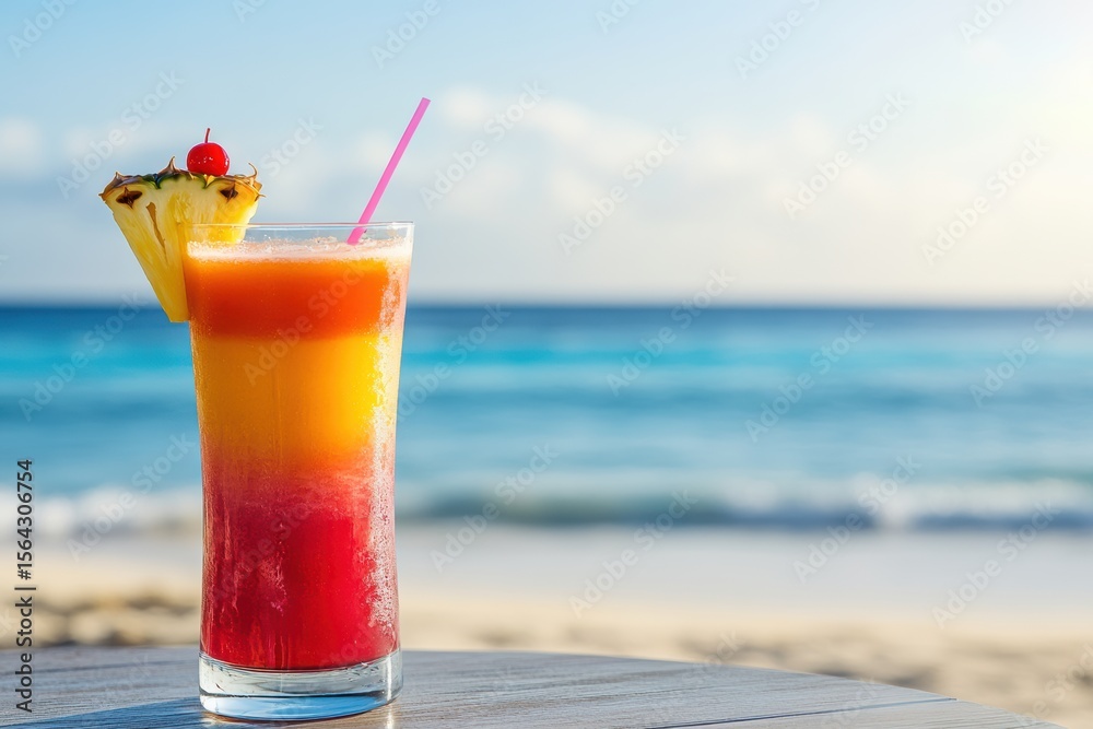 Obraz premium Tropical Beach Cocktail: Layered Sunset Drink by the Ocean
