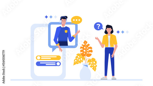 Woman seeking help from virtual customer service agent. Suitable for technology, online customer service, ecommerce, digital communication concepts.