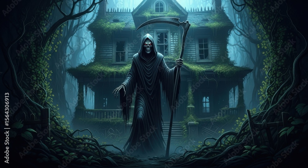 Fototapeta premium The Grim Reaper Stands Before a Spooky Abandoned Mansion on a Dark Night