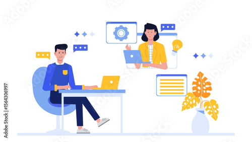 Two people video conferencing online working together. Suitable for business presentations, technology blogs, remote work concepts, and online collaboration visualizations.
