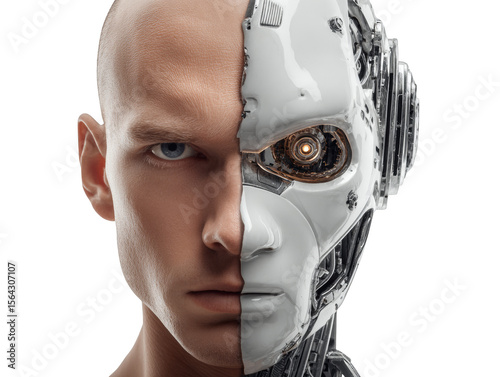 The merging of human and artificial intelligence showcases a face with a robotic half, against a stark black backdrop.