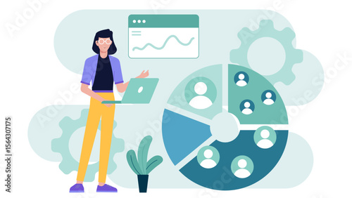 Woman presenting data analytics to a team, flat vector illustration