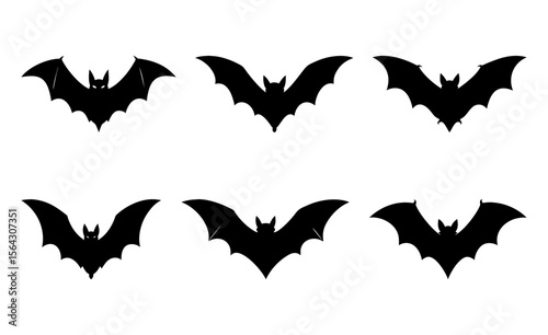 Eerie Black Bat Silhouettes Vector Icons Set. Halloween, Nocturnal.