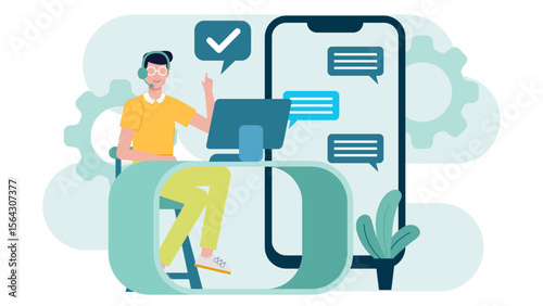 Customer service agent multitasking on a computer and phone. Suitable for business, support, communication, technology, and customer service concepts.