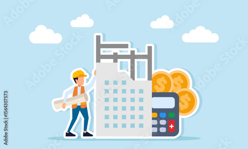engineer holding paperwork near building construction project calculator and dollar coins illustration of budget calculation for infrastructure project development