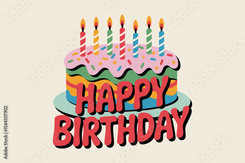 Colorful happy birthday cake with lit candles, perfect for birthday cards, party invitations, celebrations, bakery promotions, and social media posts.