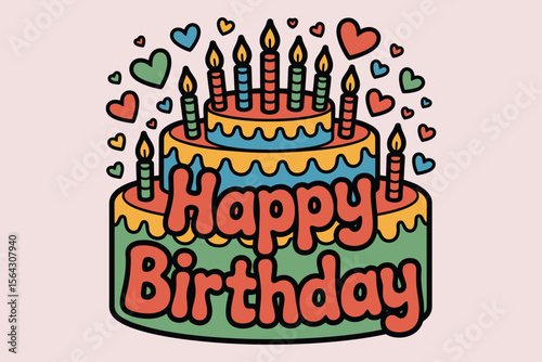 Colorful happy birthday cake with candles and hearts for festive occasions, birthday celebrations, party invitations, greeting cards, and social media.