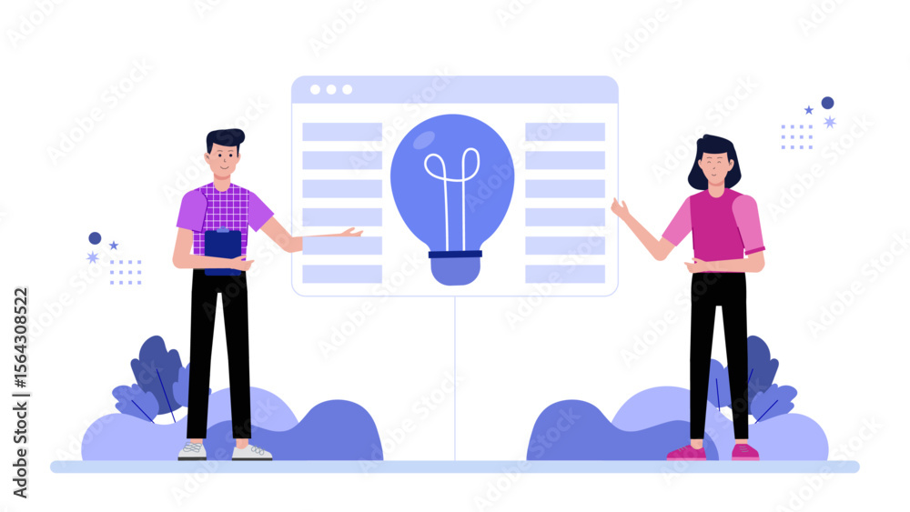 Obraz premium Two people with lightbulb presenting a webpage idea. Suitable for websites, blogs, and presentations related to brainstorming and creativity.