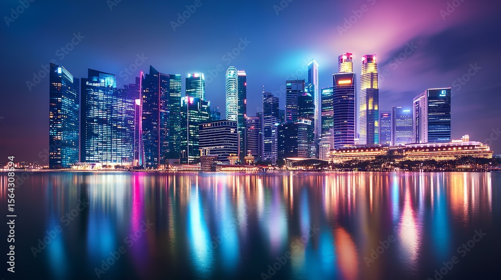 Obraz premium City Lights Reflecting: A mesmerizing view of a vibrant cityscape at night, its illuminated skyscrapers mirrored gracefully in the calm waters.