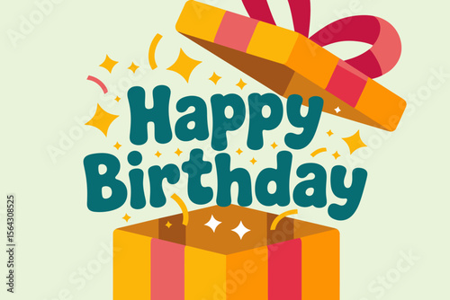 Happy birthday greeting inside open gift box suitable for greeting cards, social media posts, invitations, and birthdaythemed designs.
