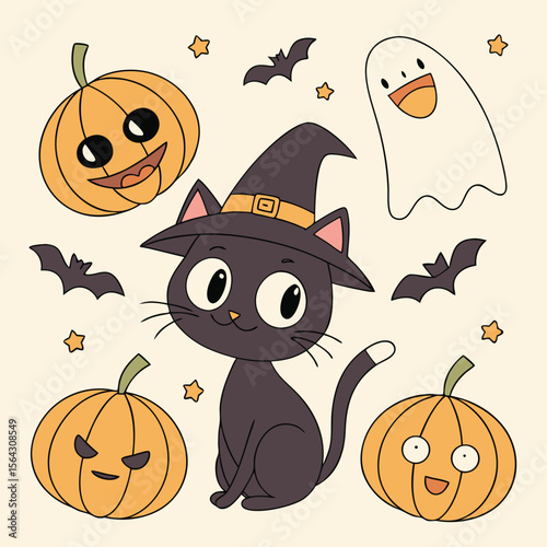 A cute Halloween-themed scene with a black cat wearing a witch hat, surrounded by jack-o'-lanterns with various facial expressions, a smiling ghost, bats, and scattered stars on a light background.