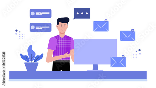 Conceptual photo of overwhelmed man by overflowing inbox. Perfect for illustrating email overload, work stress, modern technology struggles.
