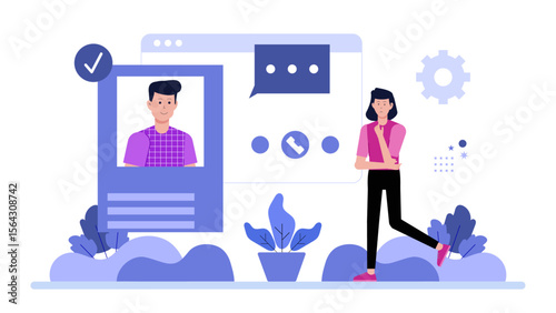 Woman thoughtfully looking at a mans online dating profile, suitable for dating websites, relationship counseling, online dating services, and social media.