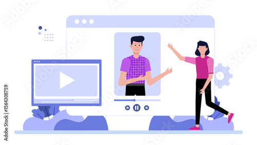 Online video lecture featuring a presenter addressing a student. Suitable for educational, eLearning, webinar, virtual classroom, and online training concepts.