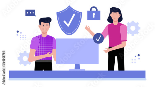 Online security concept with a man and woman, suitable for technology, cybersecurity, internet safety, and online protection themed designs.